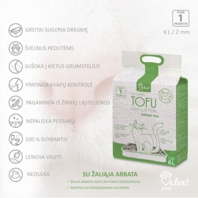 Velvet Paw Tofu kačių kraikas su žaliosios arbatos ekstraktu, 6 l.